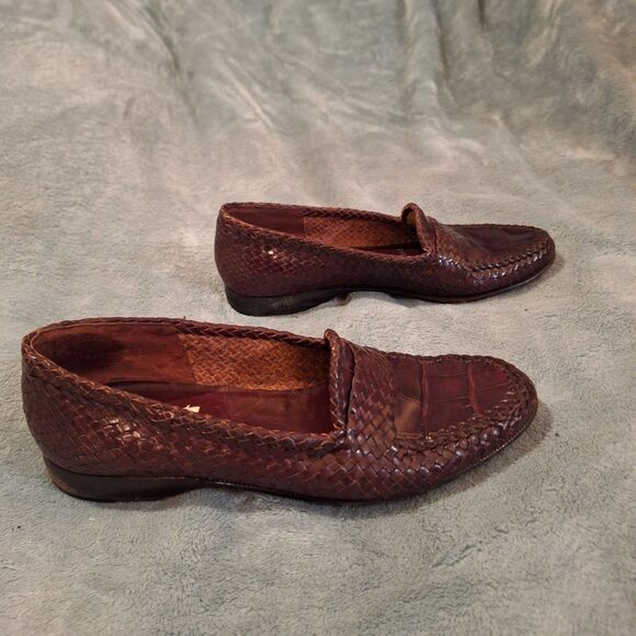 MORESCHI Brassboot Cognac Croc Print Woven Leather Sz 7 Loafers Made in Italy main image 11